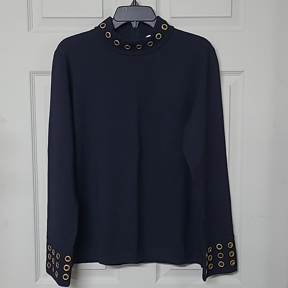 Tory Burch Merino Wool Sweater Gold-tone Grommets Navy Blue Size XL